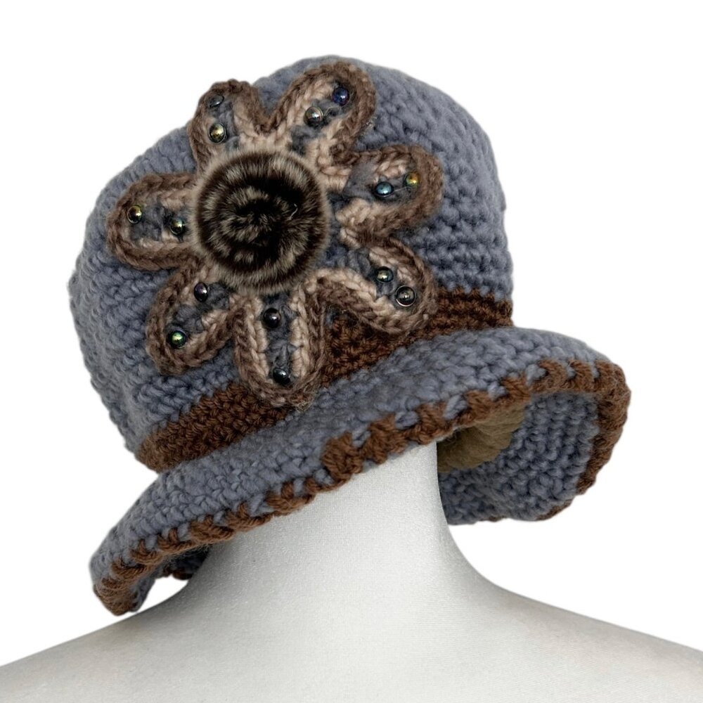Vintage Inspired Crochet Cloche Hat Faux Fur Flower Beaded Boho Cottagecore